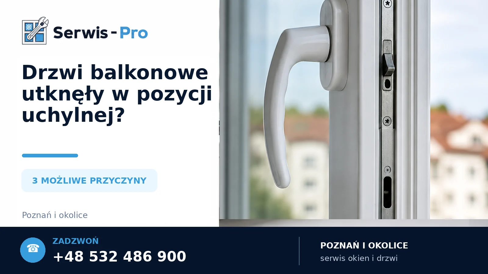 Drzwi balkonowe w pozycji uchylnej z widoczną klamką i okuciem