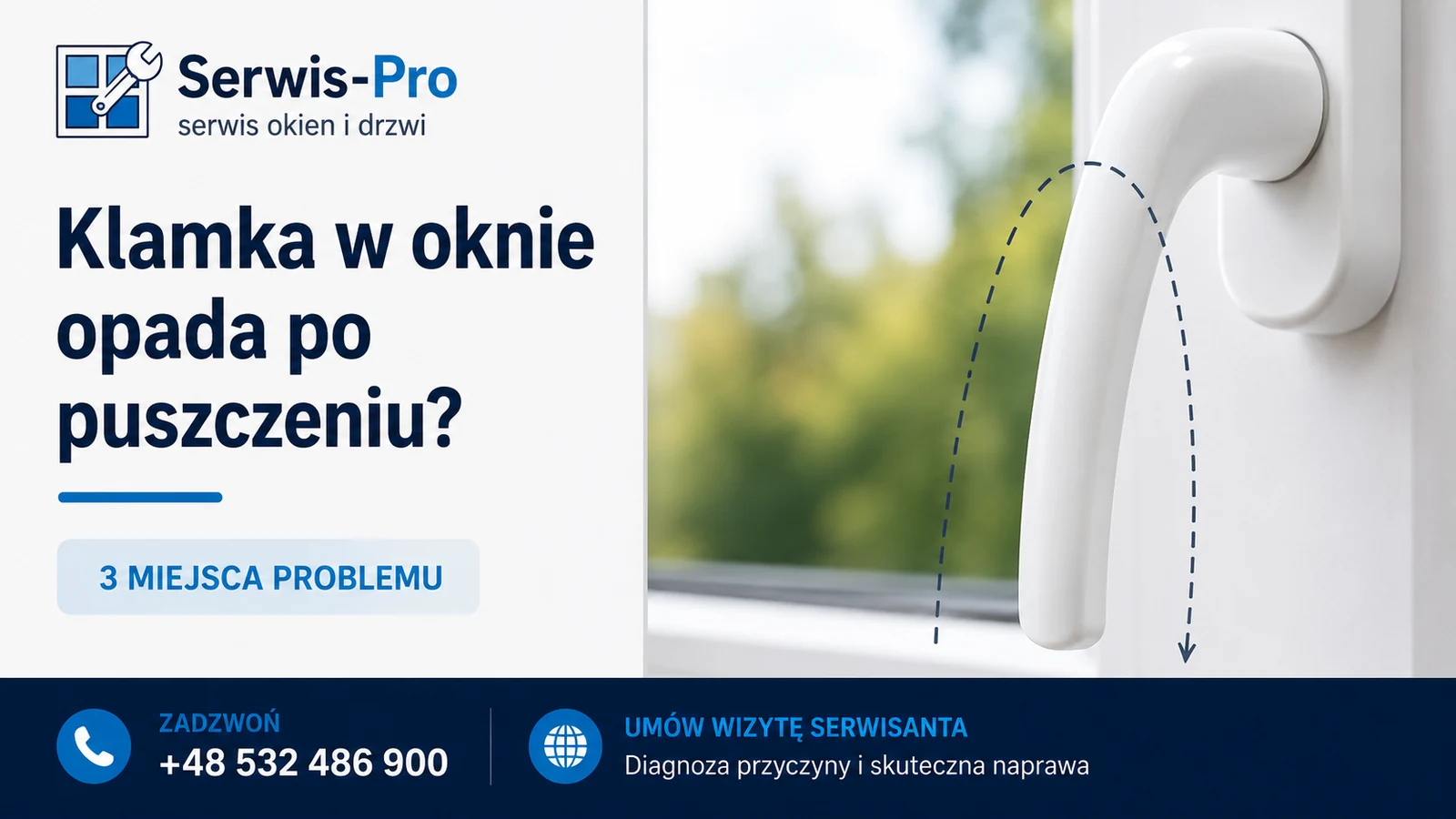 Klamka okienna opadająca po puszczeniu — ilustracja problemu