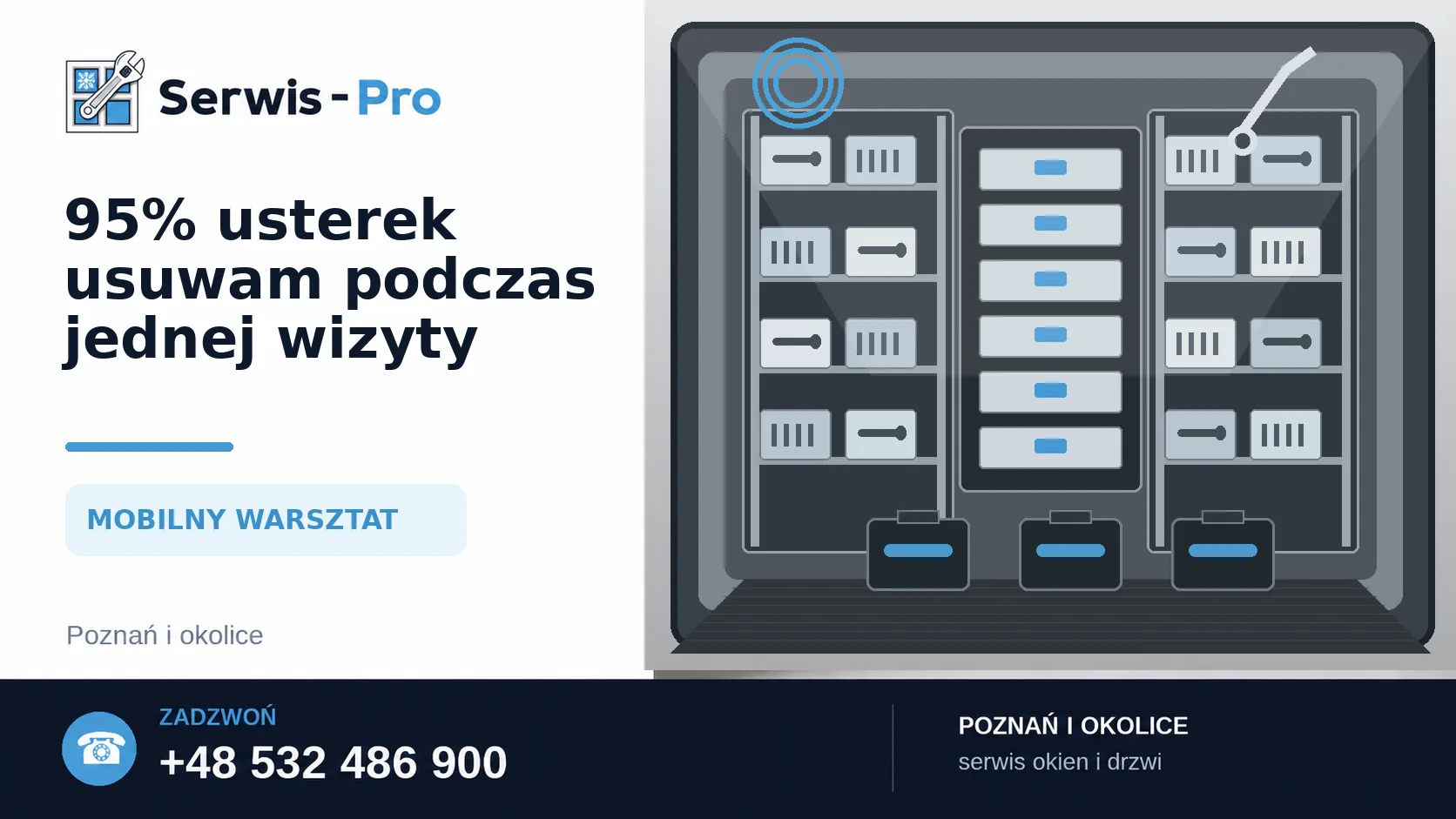 Mobilny warsztat Serwis-Pro wyposażony w części do napraw okien i drzwi